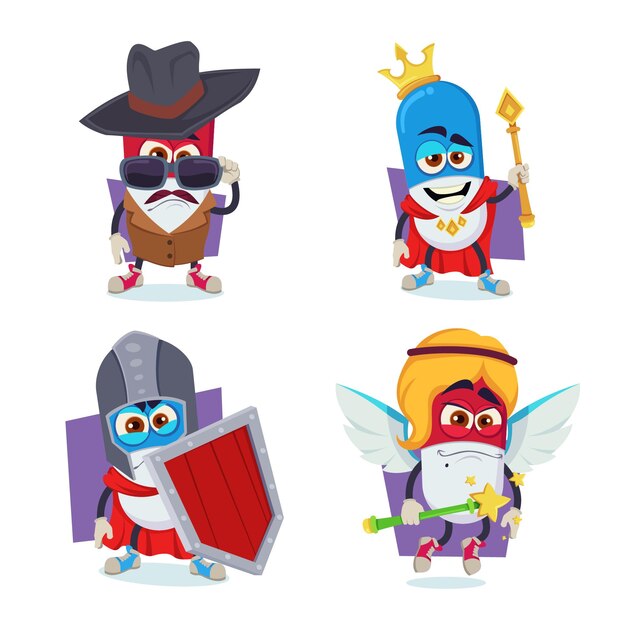 Conjunto de personajes de píldoras de dibujos animados dibujados a mano con disfraces de hadas de caballero rey detective