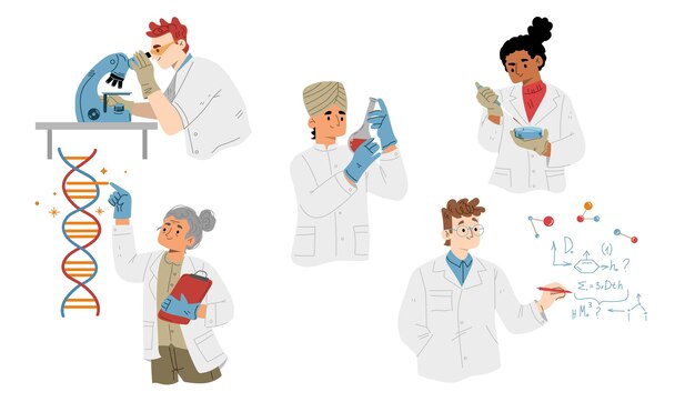 Conjunto de personajes planos de científicos de laboratorio.