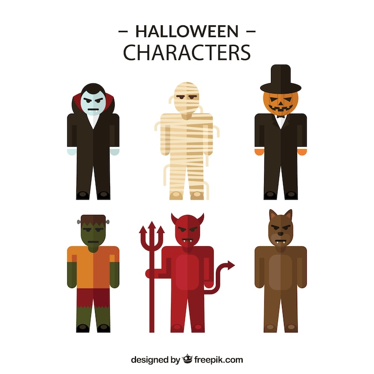 Vector gratuito conjunto de personajes planos disfrazados de halloween 