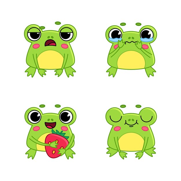 Conjunto de personajes de rana de dibujos animados llorando, durmiendo, cansándose y sosteniendo fresa