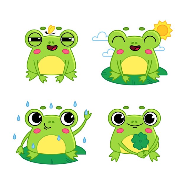 Conjunto de personajes de rana de dibujos animados sosteniendo trébol, tomando el sol, atrapando mariposas, viendo la lluvia