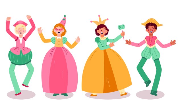 Conjunto de personajes con trajes de carnaval italiano.