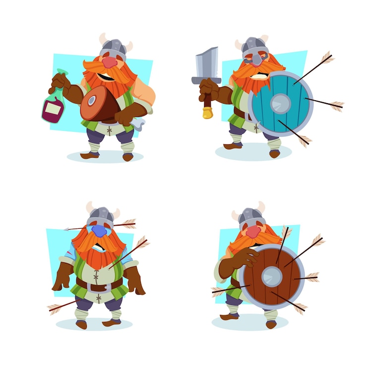Vector gratuito conjunto de personajes vikingos de dibujos animados sosteniendo una botella de vino y un escudo de nudillos con flechas en él