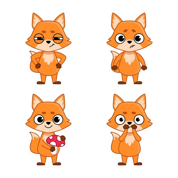 Conjunto de personajes de zorro de dibujos animados que están tristes o molestos, sosteniendo hongos, recibiendo noticias impactantes