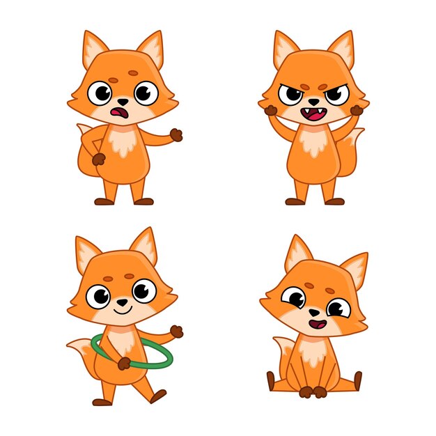 Conjunto de personajes de zorro encantador de dibujos animados que se enojan, gritan, sonríen, se sorprenden