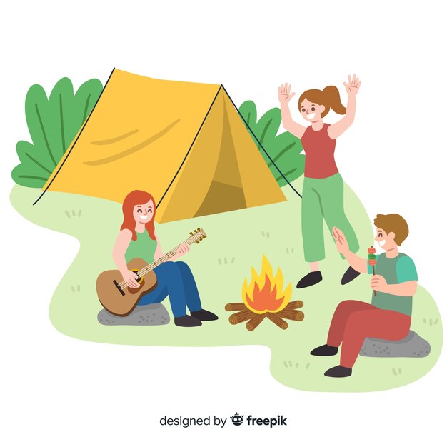 Conjunto de personas camping diseño plano.