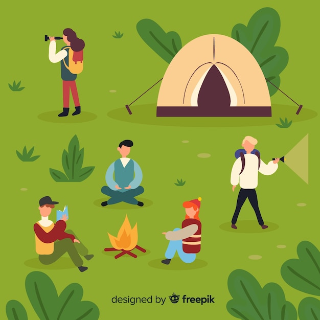 Conjunto de personas camping diseño plano.