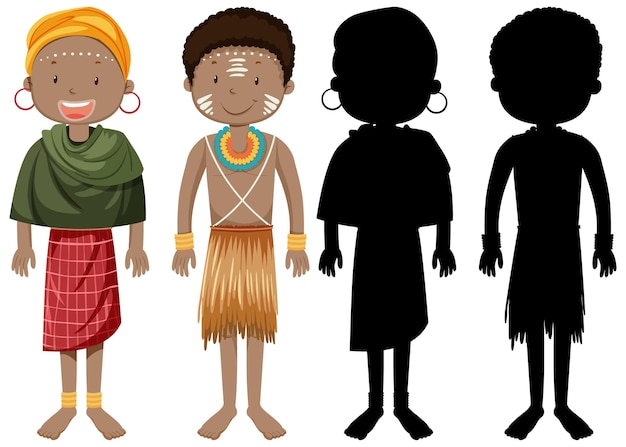 Vector gratuito conjunto de personas de carácter tribus africanas con su silueta