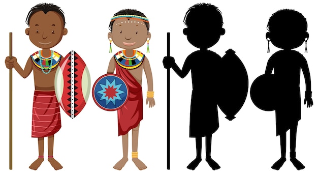 Vector gratuito conjunto de personas de carácter de tribus africanas con sus siluetas