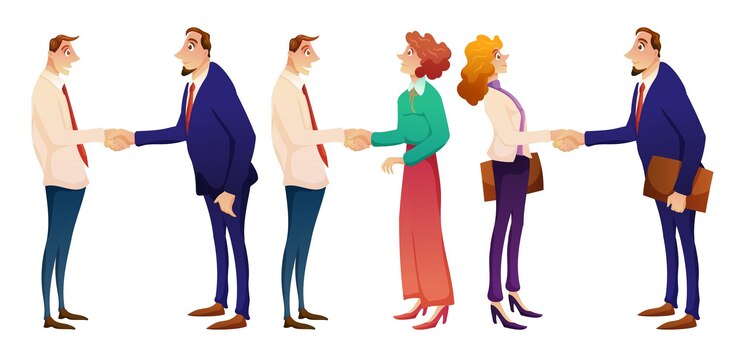 Conjunto de personas celebran haking manos con alegre en vector de dibujos animados