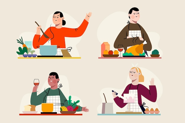 Conjunto de personas cocinando su comida favorita