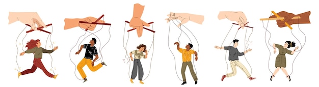 Conjunto de personas colgando de cuerdas Titiritero y títeres