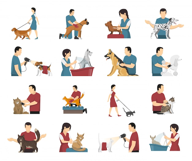 Conjunto de personas de cuidado de mascotas