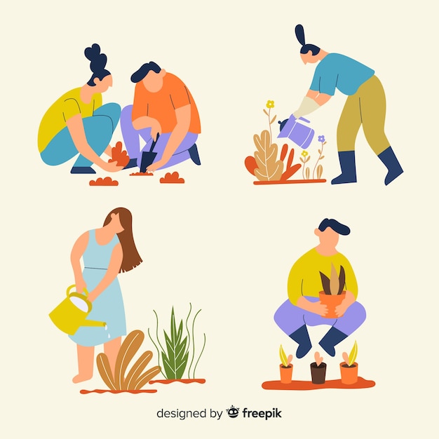 Conjunto de personas cuidando las plantas.
