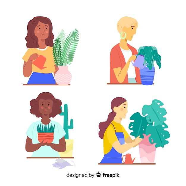 Vector gratuito conjunto de personas cuidando las plantas.