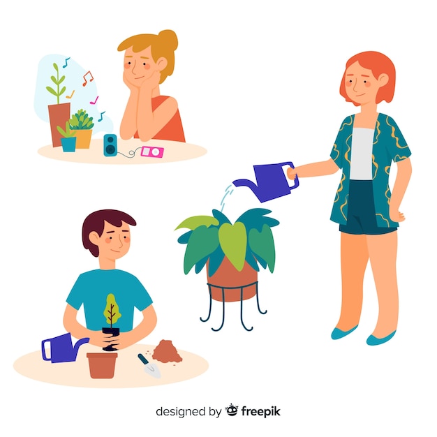 Conjunto de personas cuidando las plantas.