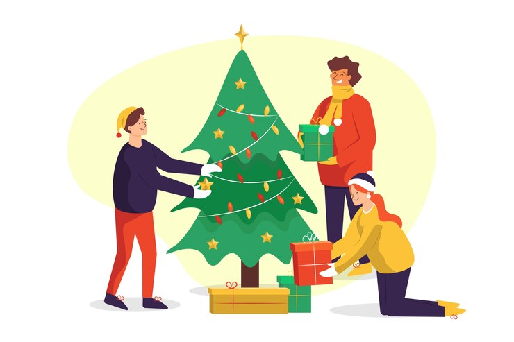 Vector gratuito conjunto de personas decorando el árbol de navidad