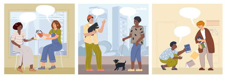 Vector gratuito conjunto de personas de diálogo de tres composiciones cuadradas con personajes humanos de estilo garabato y burbujas de pensamiento vacías ilustración vectorial