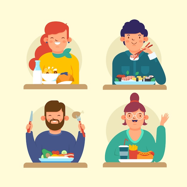 Conjunto de personas con diferentes alimentos.