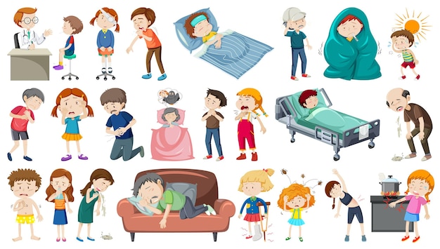 Conjunto de personas enfermas con diferentes síntomas.