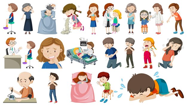 Conjunto de personas enfermas con diferentes síntomas.