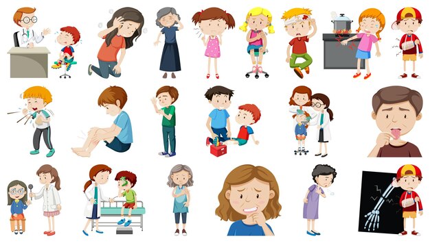 Conjunto de personas enfermas con diferentes síntomas.