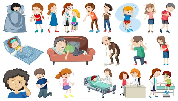 Conjunto de personas enfermas con diferentes síntomas.