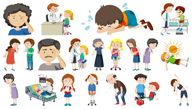 Conjunto de personas enfermas con diferentes síntomas.