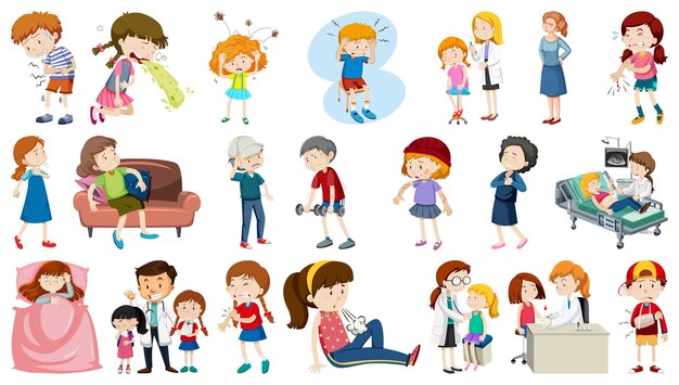 Conjunto de personas enfermas con diferentes síntomas.