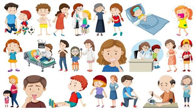Conjunto de personas enfermas con diferentes síntomas.