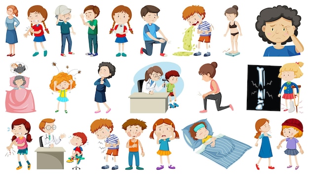 Conjunto de personas enfermas con diferentes síntomas.
