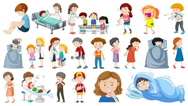 Conjunto de personas enfermas con diferentes síntomas.