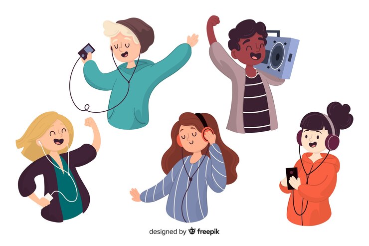 Vector gratuito conjunto de personas escuchando música ilustrada