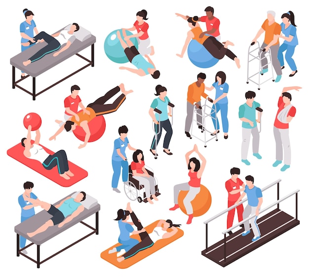 Conjunto de personas de fisioterapia de rehabilitación isométrica de personajes aislados sin rostro de médicos y pacientes en la ilustración de vector de fondo en blanco