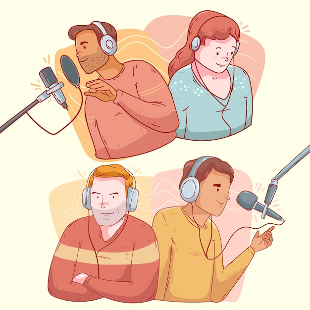 Conjunto de personas grabando y escuchando podcasts.