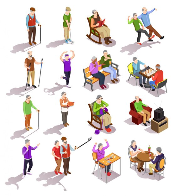 Conjunto de personas mayores isométricas durante diversas actividades de cocina ejercicios físicos reunión con amigos aislados