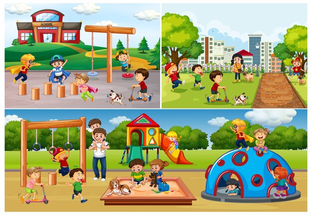 Conjunto de personas en el parque y patio de recreo.