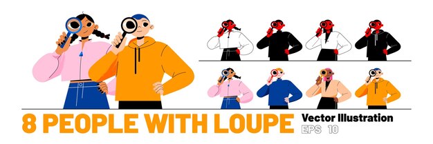 Conjunto de personas con personajes de lupa con gafas.