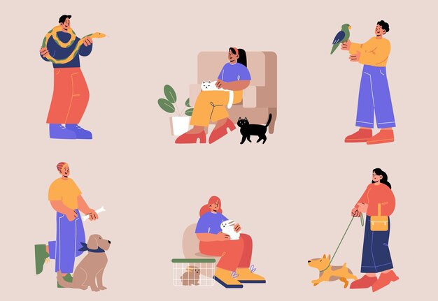 Conjunto de personas con personajes de mascotas con animales.