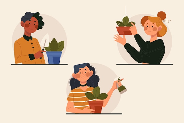 Vector gratuito conjunto de personas planas cuidando plantas.