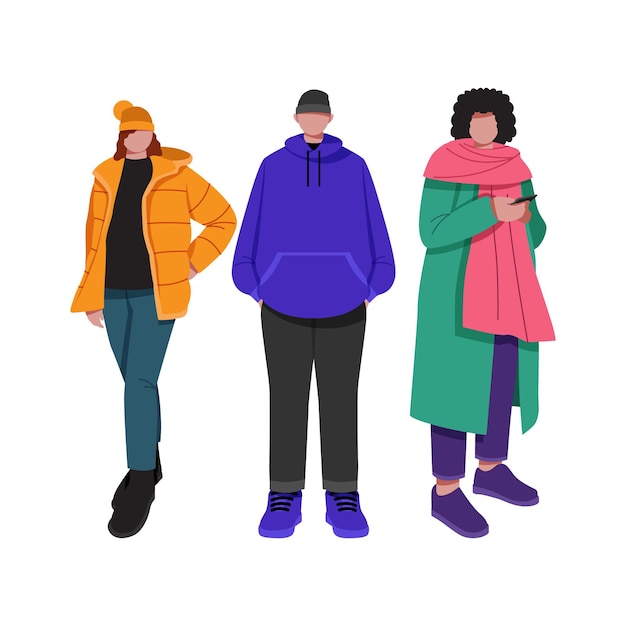 Conjunto de personas con ropa de invierno acogedora.