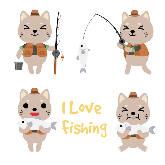 Vector gratuito conjunto de pesca de gatos, animales divertidos