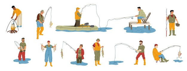 Conjunto de pesca de hombres felices aislado sobre fondo blanco
