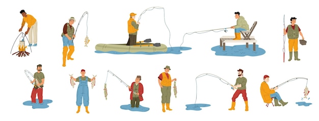 Conjunto de pesca de hombres felices aislado sobre fondo blanco