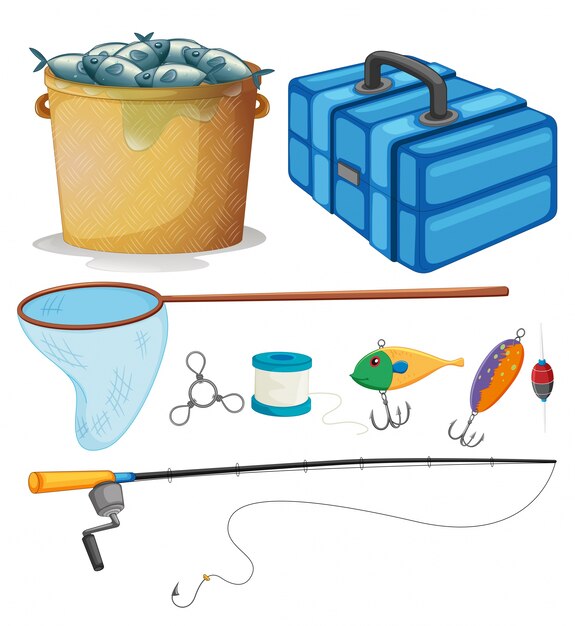 Conjunto de pesca con polo de pesca y herramientas ilustración