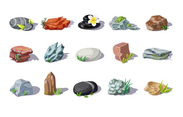 Conjunto de piedras de colores de dibujos animados de diferentes formas y materiales con plantas y hojas aisladas