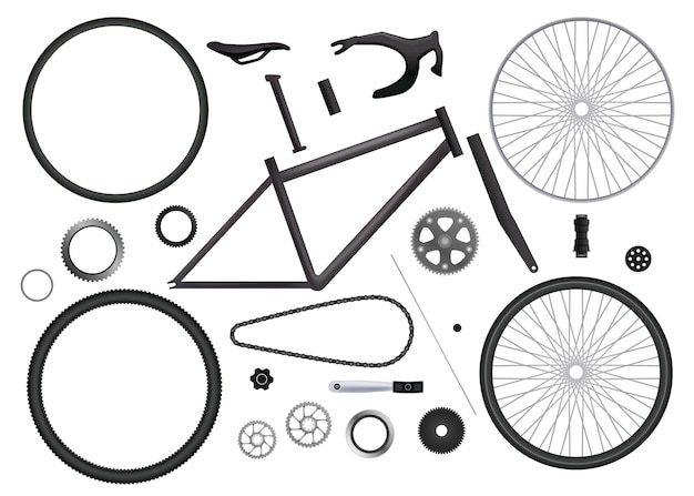 Vector gratuito conjunto de piezas de bicicleta de imágenes monocromáticas aisladas con elementos de bicicleta para ensamblar a mano en la ilustración de vector de fondo en blanco