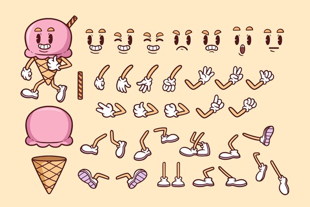 Conjunto de piezas de dibujos animados retro dibujadas a mano