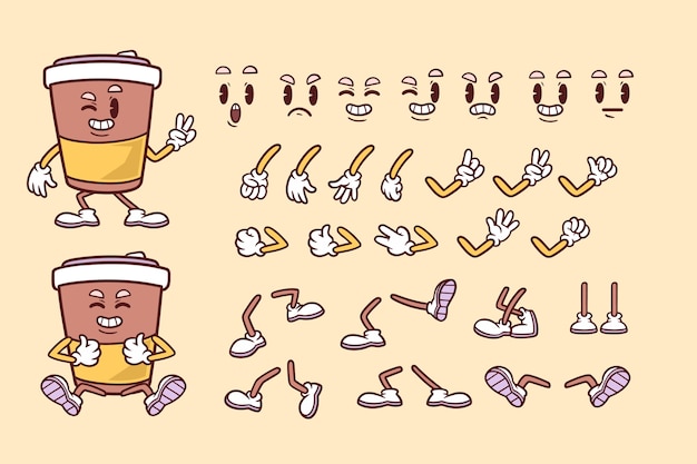 Conjunto de piezas de dibujos animados retro dibujadas a mano