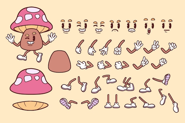 Conjunto de piezas de dibujos animados retro dibujadas a mano